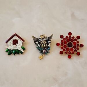 Lot of Christmas Holiday Theme Pins Dove Birdhouse Angel Cupid Red Crystals